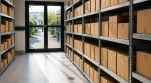 boxes on racks in a small business storage facility