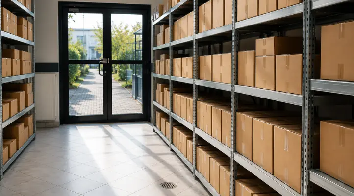 boxes on racks in a small business storage facility